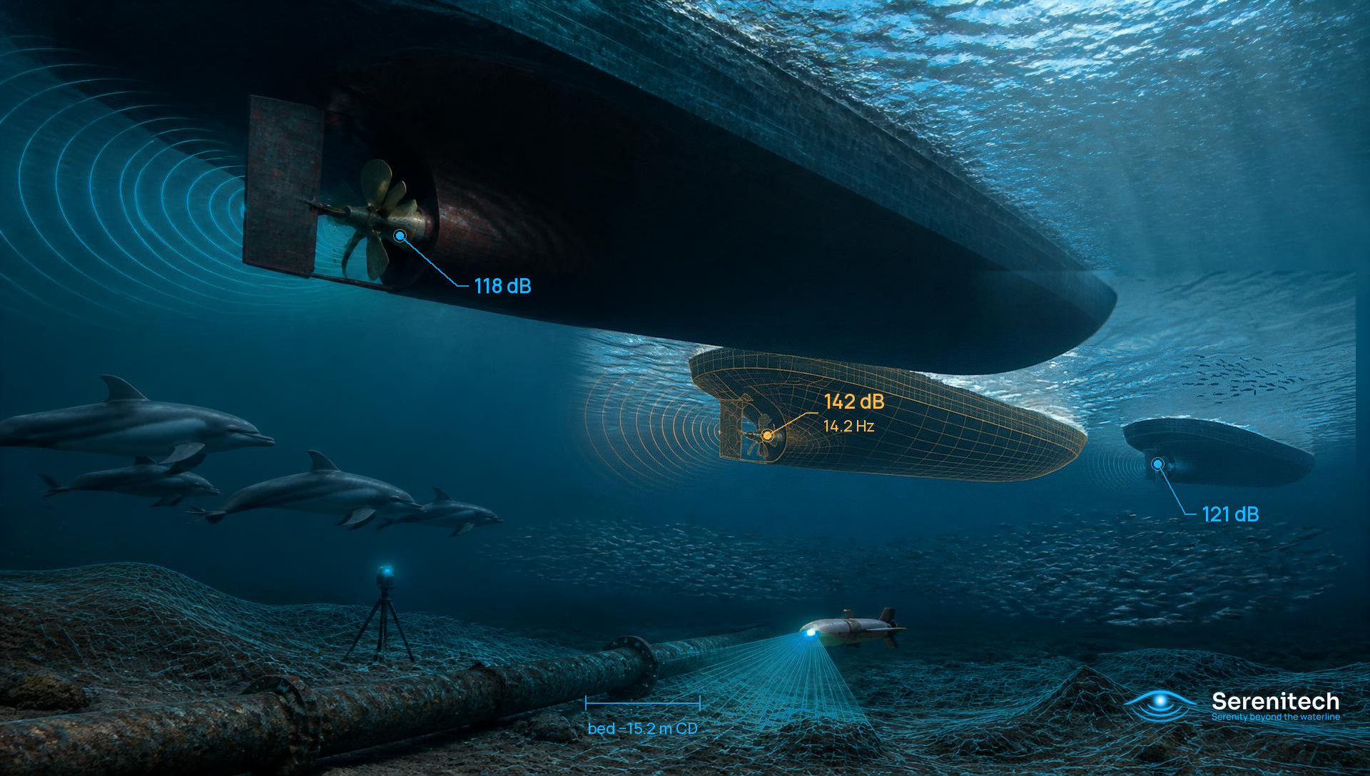 Underwater view from the channel bottom: vessel hulls above with acoustic rings, one flagged in amber, dolphins beyond