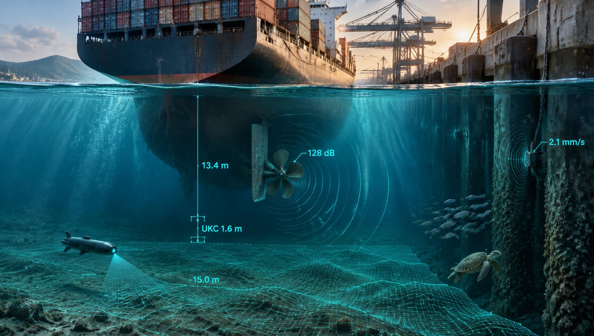 Quay wall and moored vessel seen from under water