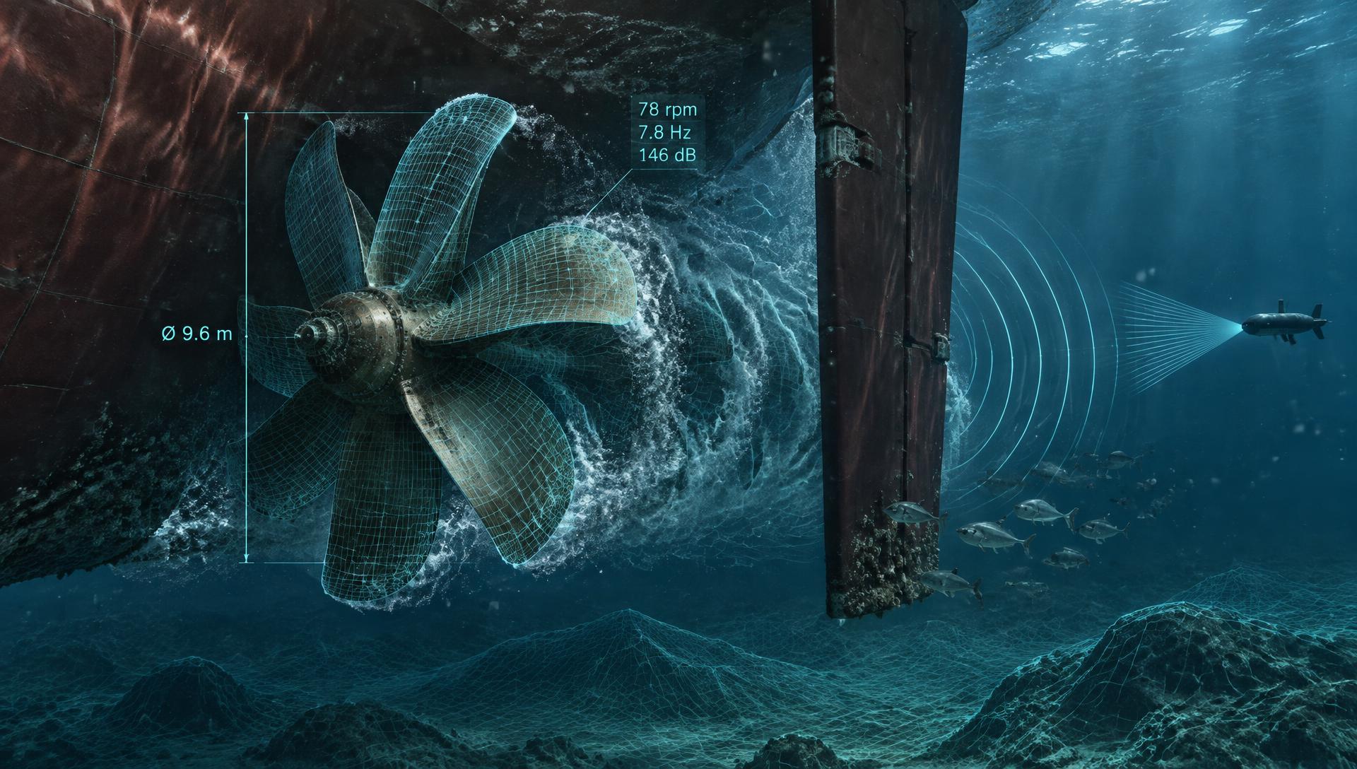 Propeller of an ultra-large container ship with acoustic rings and 3D wireframe