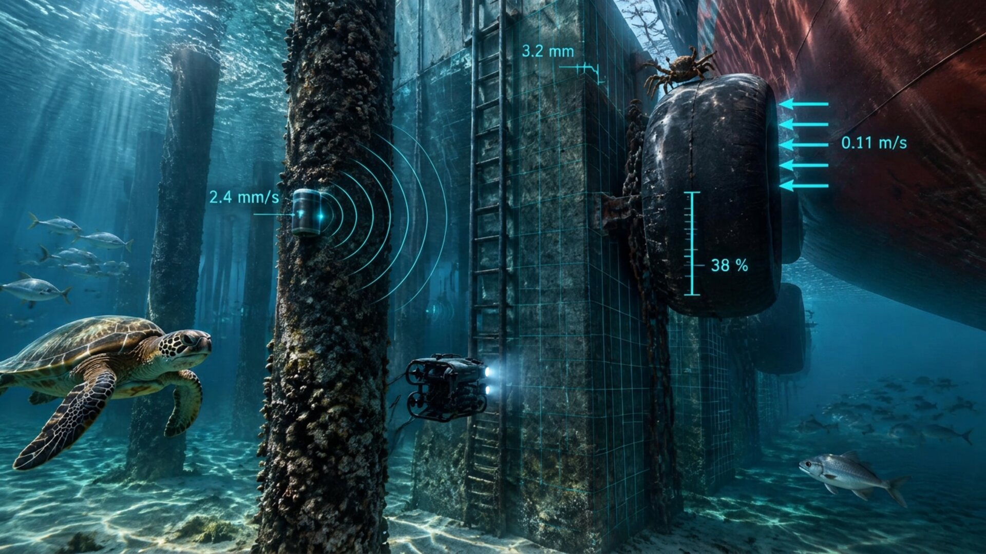 Underwater view of a quay wall with cognitive robotic units and 3D readings