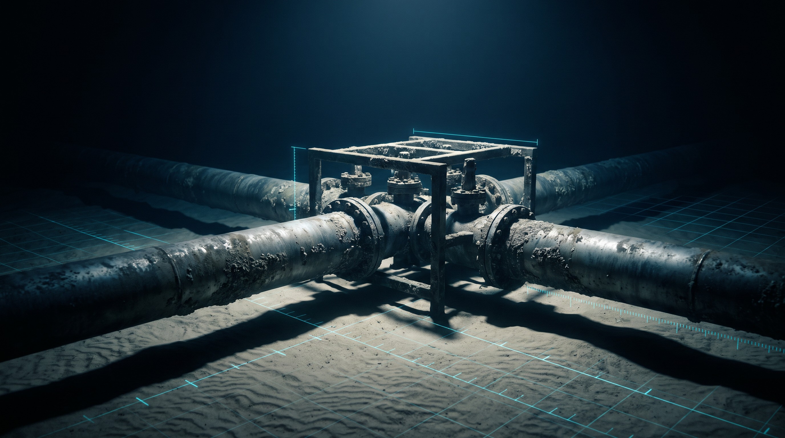 Subsea pipeline and manifold on the seabed with survey grid overlay